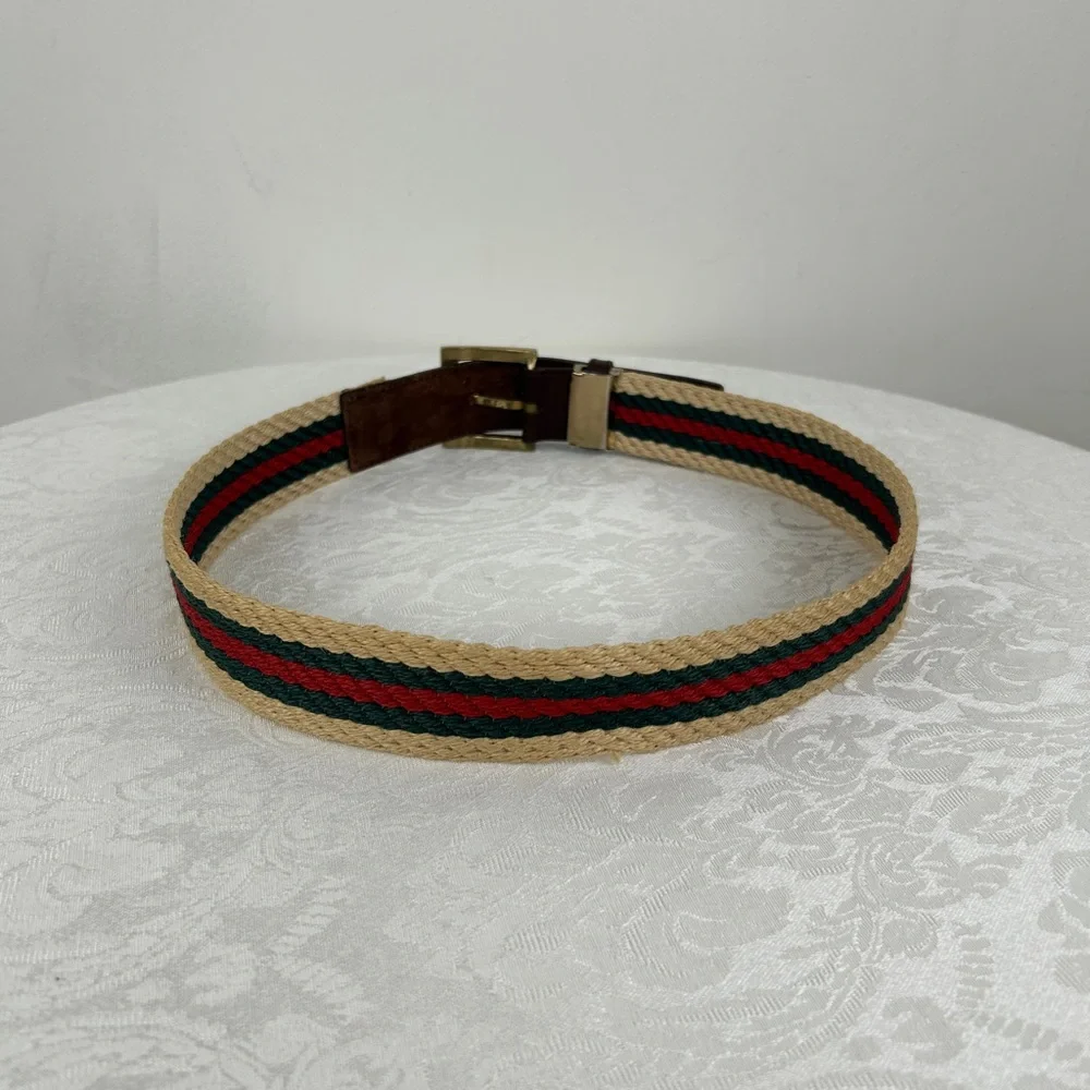 Vintage Woven Striped Preppy Belt with Leather and Brass Detailing